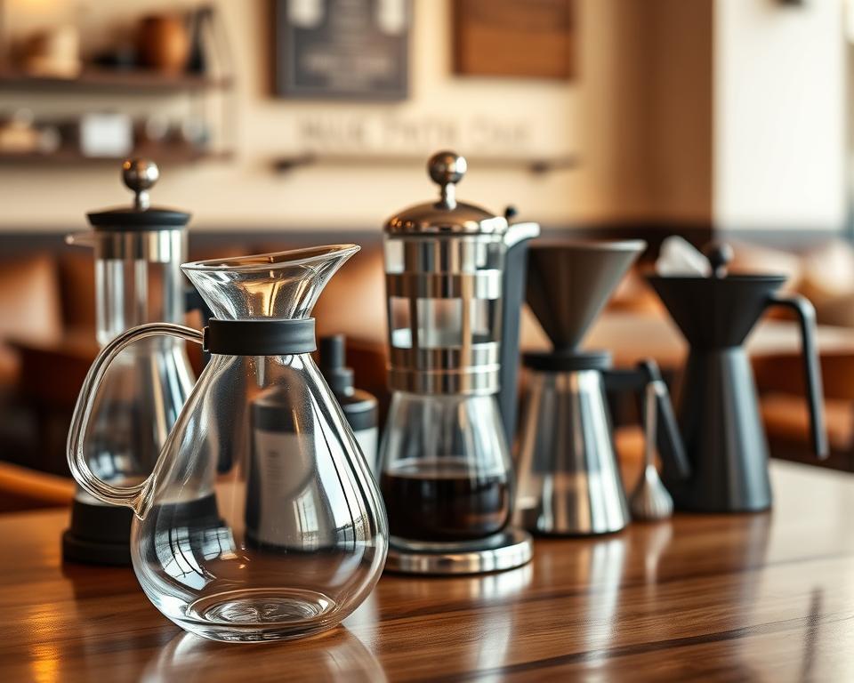 A beautifully arranged display of elegant coffee servers and carafes on a polished wooden table, showcasing a variety of styles and materials, including glass, stainless steel, and ceramic. In the foreground, a modern glass carafe glimmers under soft, diffused lighting, highlighting its sleek design. The middle ground features a classic stainless steel coffee server with intricate details, flanked by a stylish ceramic pour-over set. The background softly blurs into a cozy café ambiance, with warm tones of brown and cream, hinting at comfortable seating and rustic decor. The mood is inviting and sophisticated, ideal for coffee enthusiasts looking to enhance their brewing experience. Captured from a slightly elevated angle to emphasize the array of items, the image radiates a sense of style and practicality. A beautifully arranged display of elegant coffee servers and carafes on a polished wooden table, showcasing a variety of styles and materials, including glass, stainless steel, and ceramic. In the foreground, a modern glass carafe glimmers under soft, diffused lighting, highlighting its sleek design. The middle ground features a classic stainless steel coffee server with intricate details, flanked by a stylish ceramic pour-over set. The background softly blurs into a cozy café ambiance, with warm tones of brown and cream, hinting at comfortable seating and rustic decor. The mood is inviting and sophisticated, ideal for coffee enthusiasts looking to enhance their brewing experience. Captured from a slightly elevated angle to emphasize the array of items, the image radiates a sense of style and practicality.
