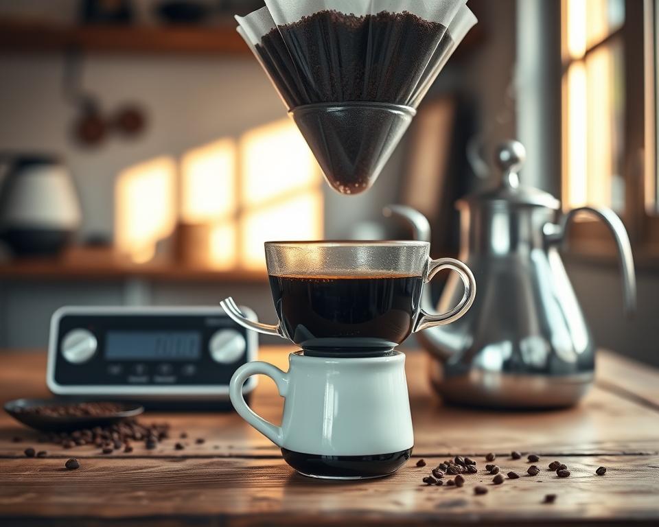 A beautifully arranged pour over coffee setup on a rustic wooden table. In the foreground, a sleek glass coffee dripper, filled with freshly ground coffee, hovers over a delicate white ceramic mug catching the dark, rich brew. The middle layer features a small digital scale displaying precise measurements, and a kettle with a graceful spout, ready to pour hot water. In the background, soft morning light filters through a window, casting warm, golden hues across the scene, emphasizing the steam rising from the cup. The atmosphere feels serene and inviting, encouraging viewers to be mindful of their brewing process. Subtle hints of coffee grounds and coffee accessories complete the image, suggesting common mistakes to avoid in pour over coffee brewing. No text or identifiers are present.