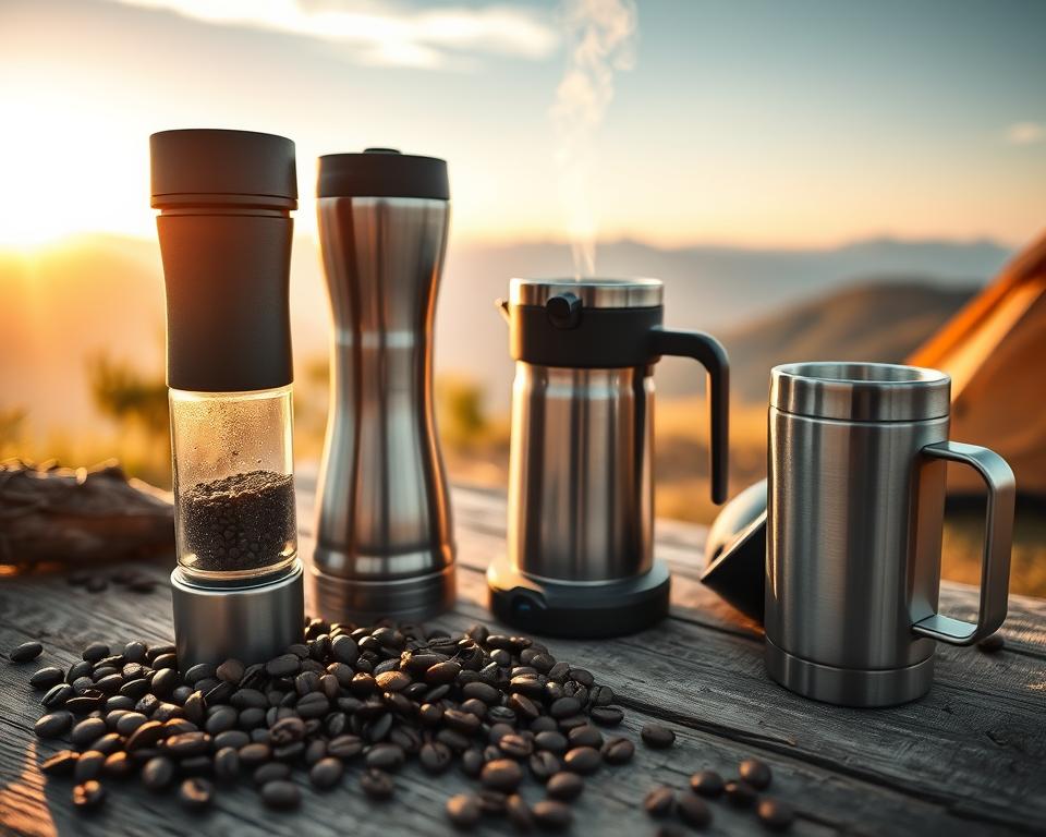 A beautifully arranged scene showcasing essential travel coffee gear, focusing on a compact coffee grinder, a portable espresso maker, and a lightweight insulated travel mug. In the foreground, the coffee grinder is artistically placed beside freshly roasted coffee beans scattered on a rustic wooden table. The middle layer highlights the espresso maker, sleek and shiny, with steam wafting from it, creating a sense of warmth. In the background, a scenic view of a campsite or a breathtaking sunrise over mountains sets a serene atmosphere. Soft, golden morning light illuminates the scene, emphasizing the allure of freshly brewed coffee in nature. The angle is slightly elevated, capturing both the gear and the stunning landscape, inviting travelers to indulge in their coffee ritual.