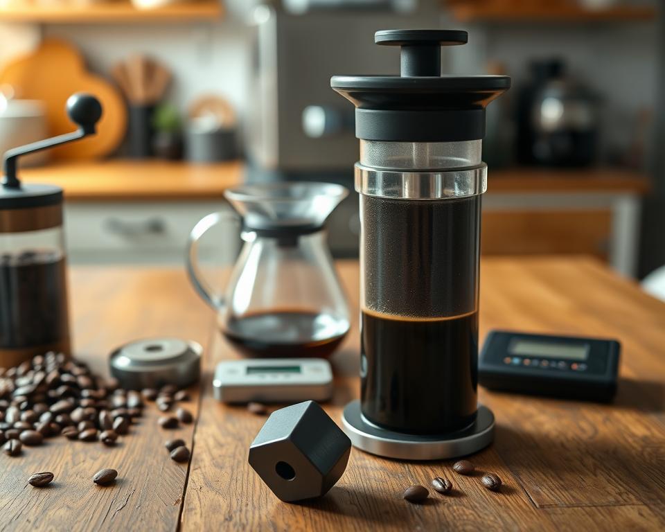 A beautifully arranged set of Aeropress brewing accessories on a rustic wooden table. In the foreground, showcase a sleek Aeropress with its plunger, surrounded by freshly ground coffee beans, a coffee grinder, and a small digital scale. In the middle ground, highlight a glass carafe filled with brewing coffee, steam rising gently. Background elements include a blurred view of a cozy kitchen with warm lighting, emphasizing a homely atmosphere. Use soft natural light to create a serene mood, with focus on the intricacies of the brewing process. The angle should be slightly above eye level to capture all elements effectively, inviting viewers to explore the art of mastering the coffee grind.