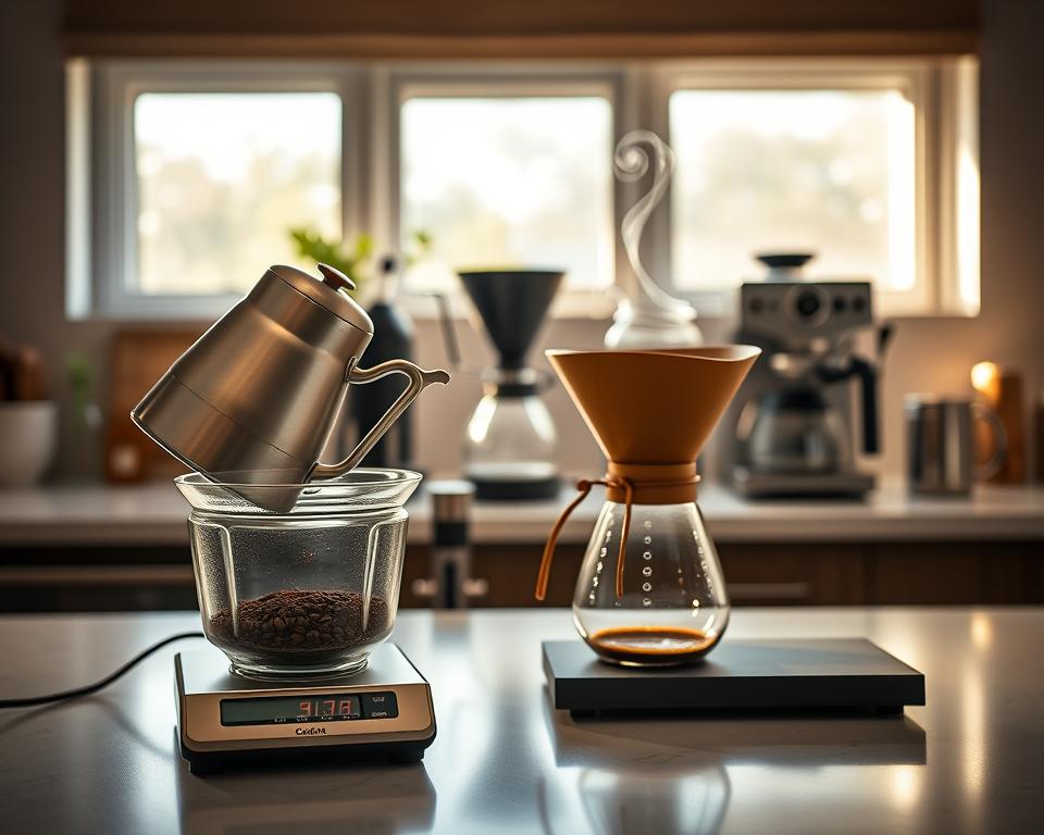 A beautifully composed coffee brewing guide scene, focused on a stylish, modern kitchen countertop. In the foreground, an elegant coffee scale displays finely ground coffee and a sleek kettle pouring hot water in a precise stream over a Chemex coffee maker. The middle features a series of various brewing tools—like a French press, pour-over device, and espresso machine—arranged methodically, showcasing consistency in coffee preparation. In the background, soft morning light floods in through a window, illuminating delicate steam swirling around. The atmosphere is warm and inviting, evoking the sense of a cozy home, perfect for perfecting the art of coffee brewing. Use a shallow depth of field to subtly blur the background, emphasizing the coffee tools while maintaining a harmonious ambiance.