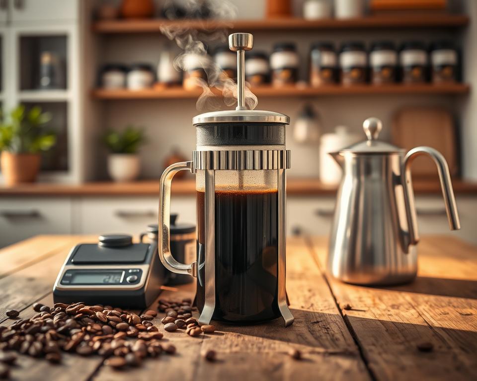 A beautifully composed scene focusing on a French press coffee setup on a rustic wooden table. In the foreground, a glass French press filled with freshly brewed coffee, steam gently rising from the spout. Surrounding it are finely ground coffee beans, a digital scale, and a stainless steel kettle with a gooseneck spout for precise pouring. In the middle ground, a soft, warm light illuminates the scene, suggesting morning sunlight filtering through a nearby window. The background features softly blurred kitchen elements, such as shelves lined with jars of coffee and a potted plant, creating an inviting atmosphere. A cozy, professional vibe captures the essence of enhancing brew techniques, inviting the viewer into the art of coffee-making.