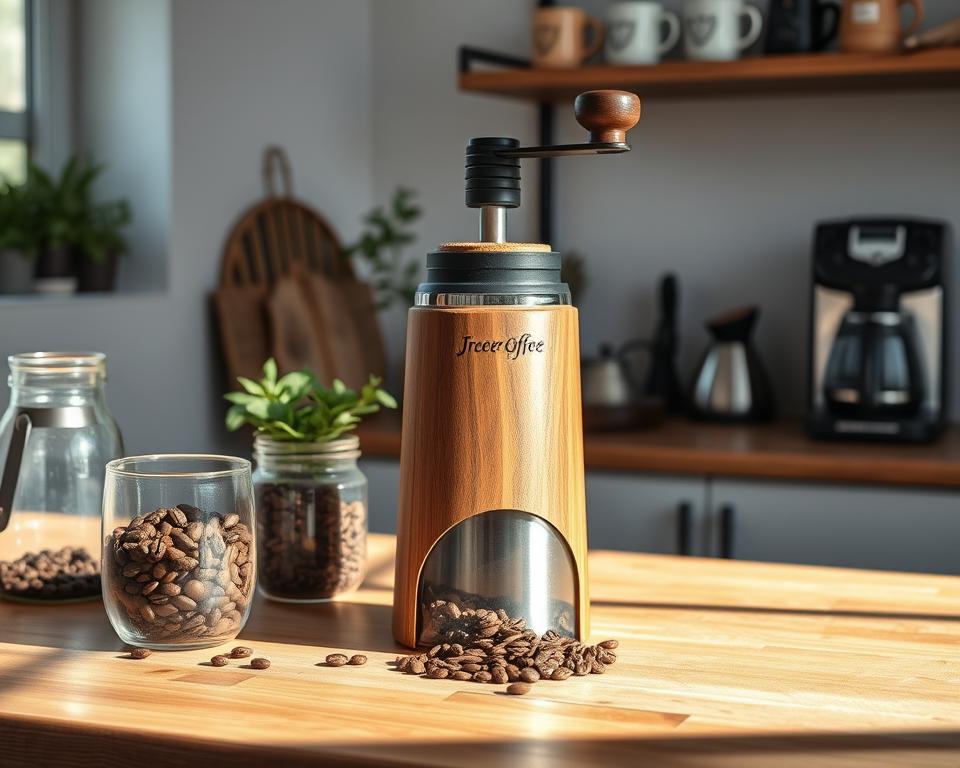 A beautifully designed coffee grinder sits elegantly on a rustic wooden countertop, showcasing its sleek stainless steel and warm walnut features. In the foreground, the grinder's grinding mechanism is partially exposed, displaying finely ground coffee beans. To the left, a stylish glass jar filled with whole coffee beans reflects the light. The middle ground features a cozy kitchen setting with soft natural light streaming through a nearby window, casting gentle shadows. Potted herbs and coffee-related utensils are subtly placed, enhancing the aesthetic appeal. In the background, a minimalist shelf displays artisanal coffee mugs and a trendy coffee maker, creating a harmonious and inviting atmosphere that reflects modern kitchen decor. The image captures a warm, inviting mood, inviting coffee lovers to consider the perfect addition to their space.