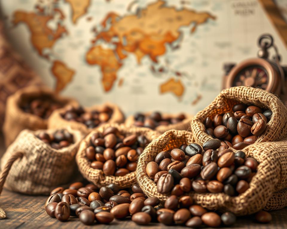 A close-up composition of assorted coffee beans artfully arranged on a rustic wooden table, highlighting their rich textures and glossy surfaces. In the foreground, a selection of vibrant burlap sacks filled with different types of coffee beans, like Arabica and Robusta, showcasing their unique colors and shapes. The background features a travel scene hinting at adventure, such as a world map and a vintage compass subtly blurred out to enhance focus on the coffee. The lighting is warm and soft, creating an inviting atmosphere, with gentle shadows adding depth. The lens captures the image from a slightly elevated angle, emphasizing the tactile experience of the coffee beans, evoking a sense of wanderlust and appreciation for caffeine on the go.