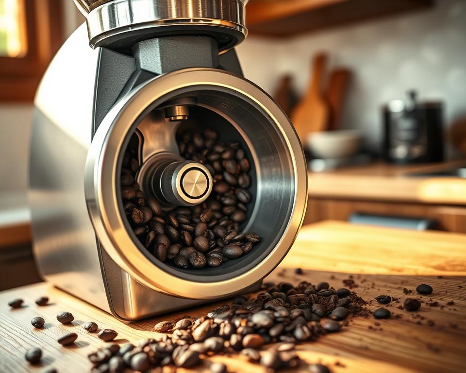 A close-up of a burr grinder hopper, showcasing its sleek, modern design with a polished stainless steel finish and a transparent bean chamber filled with rich, dark coffee beans. The foreground features the hopper at a slight angle to reveal its intricate grinding mechanism and the spout where ground coffee exits. In the middle ground, a textured wooden kitchen counter enhances the rustic feel, while scattered coffee grounds create context. The background is softly blurred, highlighting warm, natural light streaming in from a nearby window, casting gentle shadows and emphasizing the realistic details of the grinder. The atmosphere is inviting and encouraging, perfect for a beginner's kitchen setting.