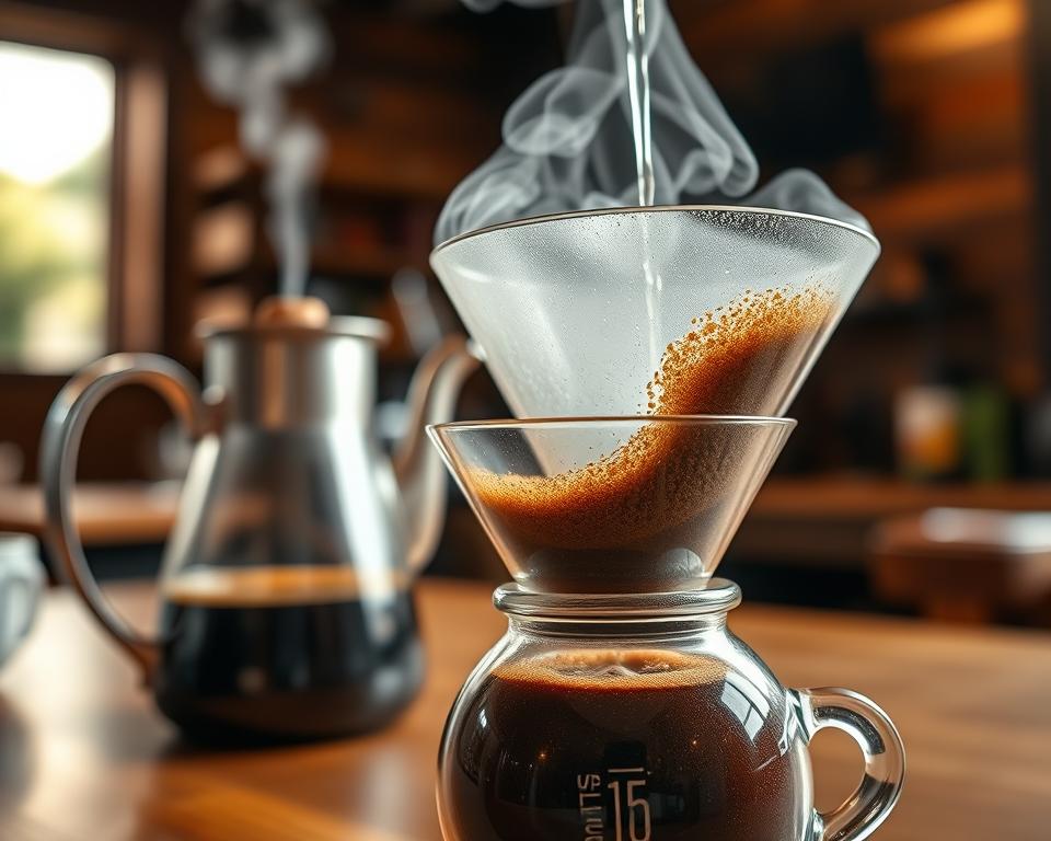 A close-up of a specialty coffee brewing setup showcasing the blooming process. In the foreground, a clear glass pour-over dripper filled with freshly ground coffee, with hot water just starting to drip through, creating an intricate bloom of bubbles and foamy coffee essence. The middle ground features a sleek kettle, with steam rising gracefully, and a wooden gooseneck spout directing hot water. The background is softly blurred out with rich, warm tones, highlighting a rustic coffee shop ambiance and wooden textures. Natural, diffused lighting pours in from a nearby window, casting gentle shadows and accentuating the coffee’s rich browns. The atmosphere is calm, inviting, and focuses on the artistry of coffee brewing.