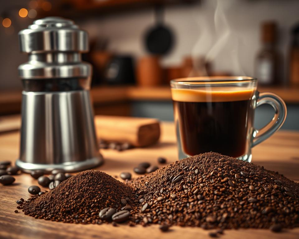 A close-up of an espresso grind size displayed on a smooth wooden surface, showcasing the rich, dark brown granules resembling sand in texture. In the foreground, a stainless steel coffee grinder sits beside a small glass jar filled with whole coffee beans, with scattered beans around it, emphasizing the brewing process. The middle ground features a steaming cup of espresso, garnished with a delicate crema layer, exuding warmth and inviting aroma. The background consists of a softly blurred kitchen setting with warm ambient lighting, highlighting a cozy, artisanal atmosphere. The image captures a sense of passion and precision in coffee brewing, inviting viewers to appreciate the intricate relationship between grind size and flavor.