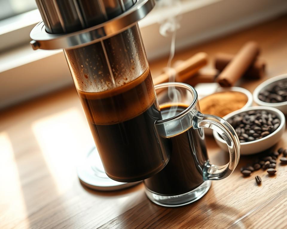 A close-up scene of an Aeropress coffee extraction process on a wooden countertop. In the foreground, an Aeropress is prominently featured with freshly ground coffee visible in the filter. The brewing coffee cascades down into a clear glass mug, showing a rich, dark espresso layer, while steam rises gently, hinting at warmth. In the middle background, an assortment of flavor enhancements such as cinnamon, vanilla beans, and cocoa powder is artistically arranged, creating an inviting atmosphere. Soft, natural light filters through a nearby window, casting gentle shadows, adding depth. The angle is slightly tilted for a dynamic perspective, evoking a cozy, homey vibe that invites coffee enthusiasts to explore new flavor variations.