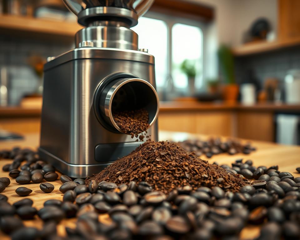 A close-up view of a high-quality coffee grinder on a wooden kitchen countertop, surrounded by scattered coffee beans. In the foreground, focus on freshly ground coffee spilling slightly from the grinder’s chute, with rich, dark textures highlighting its freshness. The middle section features a sleek metallic grinder, its brushed surface reflecting warm ambient light. In the background, subtly blurred, a cozy kitchen setting with soft, natural light filtering through a window, enhancing the scene’s warmth. Use a shallow depth of field to create an intimate atmosphere, emphasizing the grinding process. The overall mood should evoke a sense of craftsmanship and tranquility, inviting the viewer into the art of freshly grinding coffee.