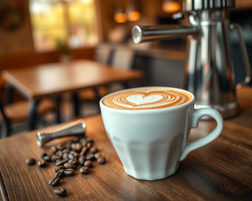 A close-up view of an expertly crafted latte with intricate latte art designs, featuring a heart and a rosette pattern beautifully layered on top of the creamy frothed milk. The foreground highlights the latte in a classic white ceramic cup placed on a rustic wooden table, with delicate coffee beans scattered artistically beside it. In the middle ground, a sleek milk frother sits elegantly, showcasing its shiny metallic surface. The background offers a softly blurred café environment with warm, ambient lighting that casts a cozy glow, creating an inviting atmosphere. The overall mood is creative and inspiring, embodying the art of crafting lattes. The image is captured from a slightly elevated angle to emphasize the latte art and provide a sense of depth.