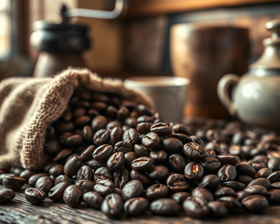 A close-up view of freshly roasted coffee beans displayed on a rustic wooden surface, capturing their glossy surface and rich, dark brown hues. In the foreground, focus on a handful of coffee beans spilling out of a burlap sack, creating a sense of abundance. The middle layer features a soft-focus background of a coffee grinder and a ceramic cup, evoking the brewing process. Gentle, diffused natural light streams in from the left, casting warm highlights and subtle shadows that enhance the textures of the beans. The overall atmosphere should feel inviting and cozy, reminiscent of a serene café setting, perfect for coffee enthusiasts looking to cultivate their collection.