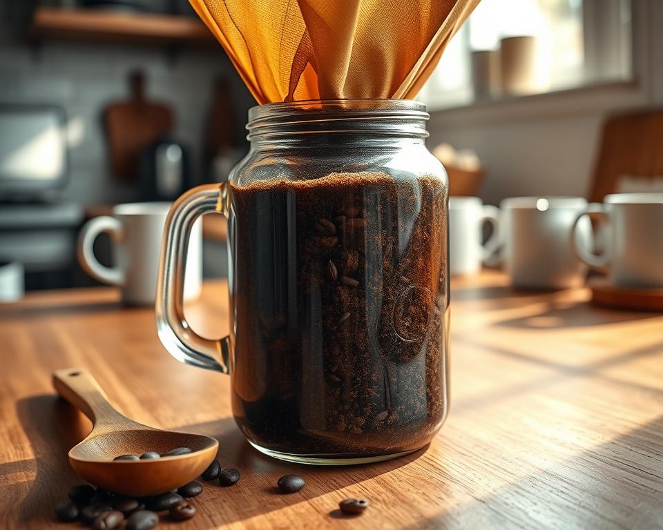 A close-up view of the cold brew coffee brewing process on a wooden kitchen countertop. In the foreground, a large glass jar filled with coarsely ground coffee beans and cold water, with a wooden spoon resting beside it. In the middle, delicate streams of water slowly infusing with coffee grounds, creating a rich, dark mixture. A stylish coffee filter placed atop the jar, showcasing the brewing method. Soft, natural morning light filters through a nearby window, casting gentle shadows, enhancing the cozy atmosphere. In the background, out-of-focus kitchen elements, such as mugs and coffee accessories, create a warm and inviting environment, capturing the essence of a home-brewed cold brew experience.