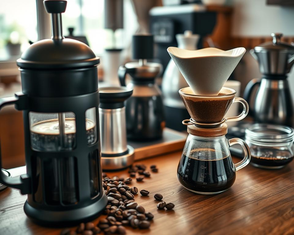 A cozy coffee brewing station showcasing various dark roast brewing methods. In the foreground, a sleek, black French press with freshly brewed dark roast coffee, paired with a hand grinder and beans spilling out. The middle ground features a pour-over setup with a ceramic dripper, rich dark coffee cascading into a glass server. In the background, soft natural light filters through a window illuminating an assortment of brewing equipment, including an espresso machine and a stovetop Moka pot. The atmosphere is warm and inviting, evoking the comfort of a coffee shop. Use a shallow depth of field to focus on the brewing methods, with a slight bokeh effect on the background.