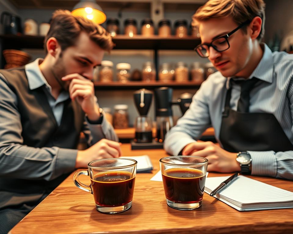 A cozy coffee cupping session in progress, featuring two professionals in smart casual attire, deeply engaged in the tasting process. In the foreground, two small cups filled with freshly brewed coffee are placed on a wooden tasting table, alongside a spoon and a notebook for jotting down notes. In the middle ground, a close-up of the cupping process shows one expert sniffing the coffee aromas while the other observes carefully, their expressions focused and contemplative. The background features a well-lit coffee lab filled with coffee beans in jars, brewing equipment, and tasting tools. The lighting is warm and inviting, creating a calm atmosphere conducive to learning and exploration. The angle is slightly overhead, capturing the essence of the workspace.