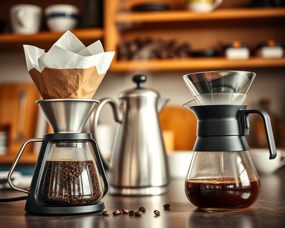 A cozy kitchen countertop scene featuring various coffee brewing methods, showcasing both paper and metal filters. In the foreground, a stylish pour-over coffee maker with a paper filter filled with fresh coffee grounds, and a sleek metal filter brewing setup side by side, both elegantly designed. In the middle ground, a steaming kettle sits next to a clear glass coffee carafe, with rich, dark coffee slowly pouring into it. The background is softly blurred, revealing warm wooden shelves adorned with coffee beans and mugs, creating an inviting atmosphere. The lighting is warm and soft, suggesting early morning light filtering through a window, with a slight focus on the brewing coffee to emphasize its rich texture and aroma.