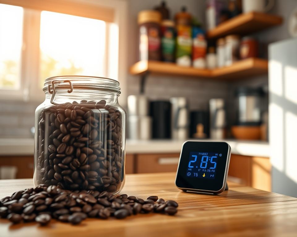 A cozy kitchen scene focused on the role of temperature in coffee storage. In the foreground, a classic glass jar filled with freshly roasted coffee beans, showcasing rich, dark hues, sits on a wooden countertop. Next to it, an elegant digital thermometer displays the optimal coffee storage temperature. In the middle ground, a warm, ambient light filters through a nearby window, evoking a sense of comfort and freshness. The background features a neatly organized shelf with various coffee storage containers, highlighting different packaging styles. The entire atmosphere is serene and inviting, perfect for a coffee enthusiast. The lighting should create soft shadows, emphasizing the textures of the coffee beans and the materials in the kitchen. The angle should be slightly above eye level to capture the depth of the scene without distractions.