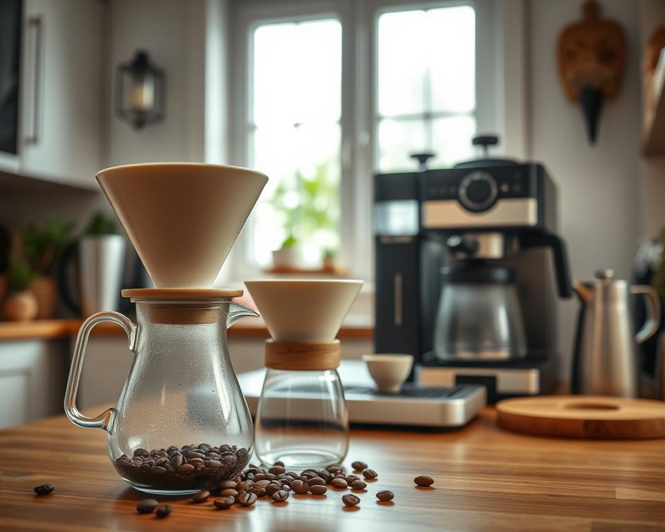 A cozy kitchen scene showcasing various coffee brewing techniques. In the foreground, a pour-over coffee setup with a stylish ceramic dripper, a glass kettle, and freshly ground coffee beans. In the middle, a French press and an espresso machine, both elegantly designed, complementing the brewing process. The background features a large window with soft, natural light pouring in, illuminating the space and creating an inviting atmosphere. A small herb garden can be seen outside, enhancing the feeling of freshness. The scene conveys a sense of warmth and passion for coffee brewing, emphasizing the connection between technique and flavor. Use soft focus on the edges to highlight the brewing equipment sharply. A cozy kitchen scene showcasing various coffee brewing techniques. In the foreground, a pour-over coffee setup with a stylish ceramic dripper, a glass kettle, and freshly ground coffee beans. In the middle, a French press and an espresso machine, both elegantly designed, complementing the brewing process. The background features a large window with soft, natural light pouring in, illuminating the space and creating an inviting atmosphere. A small herb garden can be seen outside, enhancing the feeling of freshness. The scene conveys a sense of warmth and passion for coffee brewing, emphasizing the connection between technique and flavor. Use soft focus on the edges to highlight the brewing equipment sharply.
