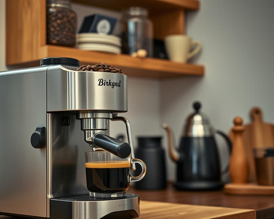 A cozy kitchen setting showcasing the brewing process of an entry level espresso machine. In the foreground, a sleek, compact espresso machine with brushed stainless steel finish and a visible portafilter, as freshly ground coffee beans are being tamped down. In the middle, steam rises as rich, dark espresso pours into a pre-warmed cup. The background features wooden shelves adorned with coffee-related paraphernalia, including a jar of coffee beans and a stylish kettle. Soft, warm lighting creates a welcoming atmosphere, emphasizing the brewing action. Capture this from a slightly elevated angle, providing a clear view of the machine and the pouring espresso, evoking a sense of artistry and precision in espresso preparation.