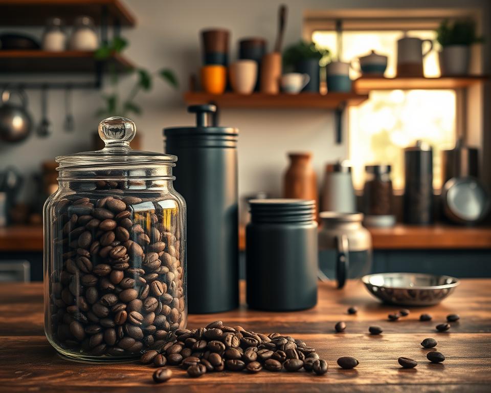 A cozy kitchen setting showcasing various coffee storage methods for whole bean coffee. In the foreground, a rustic wooden countertop features a glass jar tightly sealed with a lid, containing dark roasted coffee beans, glistening under warm soft lighting. Next to it, a matte black metal canister with a one-way valve sits, slightly opened to reveal the beans inside. In the middle ground, a shelf displays an assortment of stylish ceramic and metal containers of different shapes and sizes, all filled with whole beans. The background features a window with natural daylight filtering in, illuminating a few coffee plants and mugs. The overall mood is warm and inviting, perfect for coffee enthusiasts looking to keep their beans fresh.