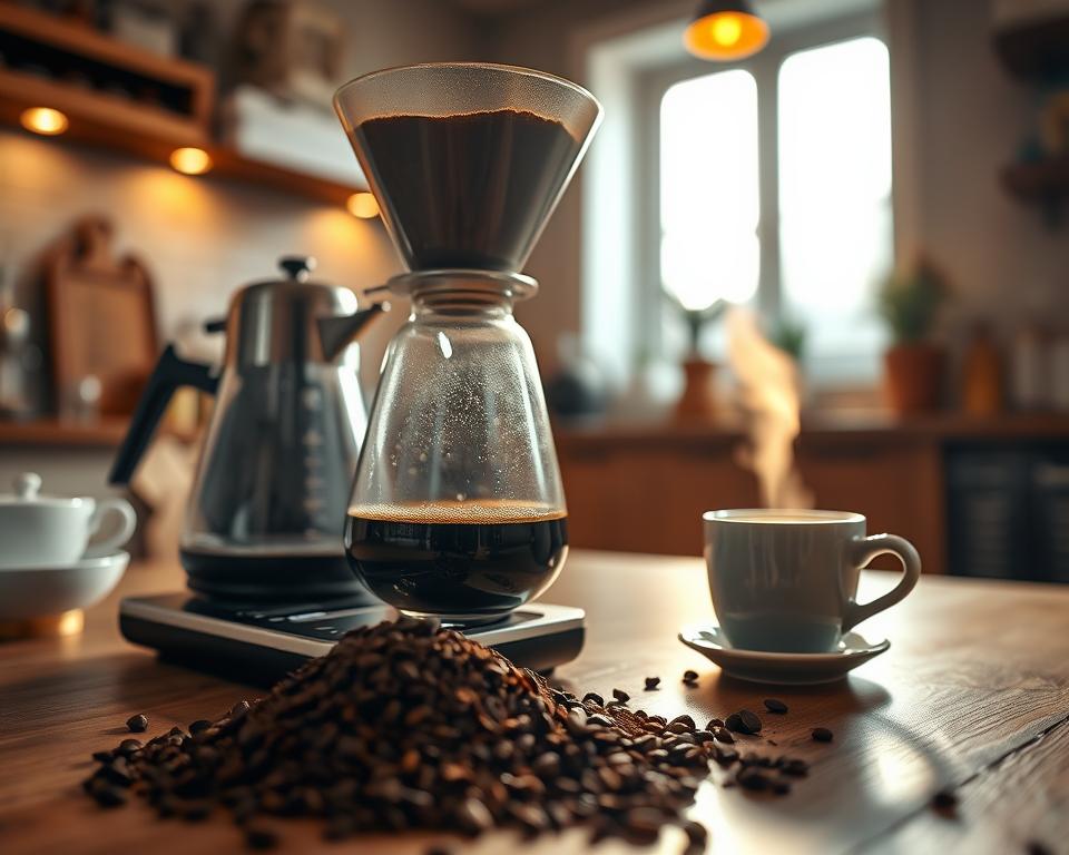 A cozy, well-lit coffee brewing setup featuring a sleek pour-over coffee maker with a glass kettle, freshly ground coffee, and a digital scale thoughtfully placed on a wooden table. In the foreground, the coffee grounds are shown in detail, highlighting their texture. In the middle, the stream of hot water gently flows over the coffee, creating a rich and inviting aroma, while a steaming cup of coffee waits nearby. The background features a soft, blurred kitchen scene with warm light filtering through a window, casting a golden hue over the space, evoking a sense of homely comfort and professional expertise. The focus is on the brewing process, capturing the essence of meticulous coffee preparation and the joy it brings.