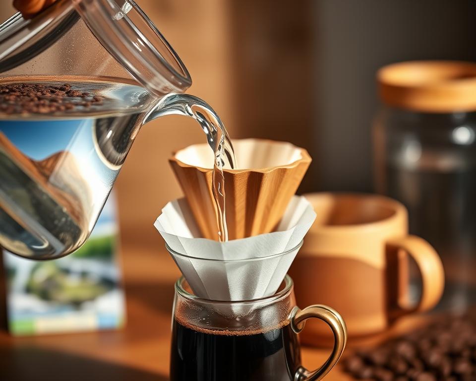 A detailed close-up of a pour-over coffee setup emphasizing water quality. In the foreground, a sleek, transparent pouring kettle gently streams clear, mineral-rich water over freshly ground coffee in a paper filter, showcasing the interaction of water and coffee. The middle layer features an artisanal wooden coffee dripper resting atop a handcrafted ceramic mug, capturing a moment of brewing magic. In the background, soft-focus images of different water sources, like a pristine mountain spring and a filtered water container, hint at the importance of water quality. Warm, natural lighting creates a cozy atmosphere, and a shallow depth of field directs focus to the pouring water, evoking an inviting and sophisticated morning coffee ritual.