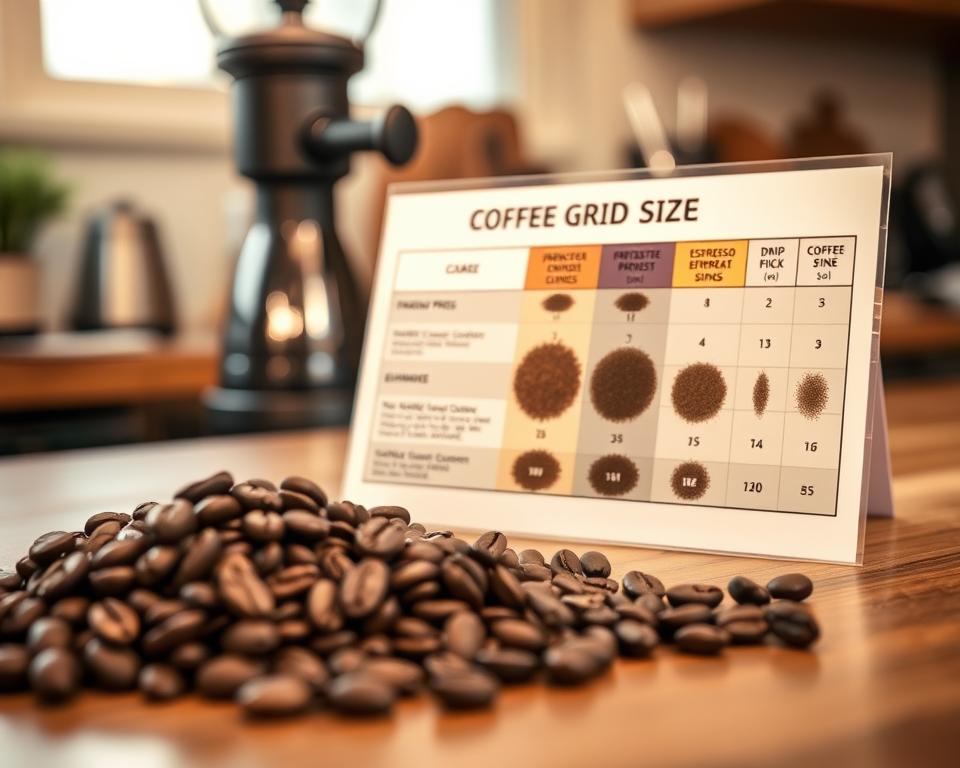 A detailed coffee grind size chart displayed prominently on a sleek wooden table, showcasing various grind sizes from coarse to fine. In the foreground, a close-up of coffee beans in different stages of grinding, illustrating the texture differences clearly. The middle features the grind size chart itself, artistically designed with sections labeled for methods like French Press, Espresso, and Drip Coffee, using distinct color coding for easy visibility. The background includes a softly blurred kitchen setting with a coffee grinder and brewing equipment to enhance the theme. The lighting is warm and inviting, creating a cozy atmosphere, highlighting the rich browns of the coffee and the natural tones of the table. The image conveys the passion for coffee brewing and the importance of grind size.