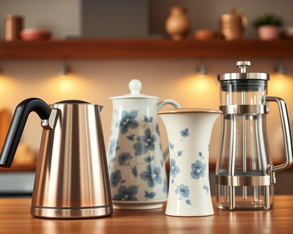 A detailed comparison of several elegant gooseneck kettles, showcasing a variety of designs and finishes. In the foreground, feature a sleek stainless steel kettle with a matte black handle and precision spout, next to a copper kettle reflecting warm light. In the middle, display a ceramic kettle adorned with delicate blue floral patterns alongside a modern glass kettle highlighting its internal water level. The background should be a softly blurred kitchen setting, with warm, ambient lighting that creates a cozy atmosphere. Use a shallow depth of field to draw attention to the kettles while maintaining a harmonious overall look, emphasizing their suitability for different brewing methods like pour-over, French press, and others.