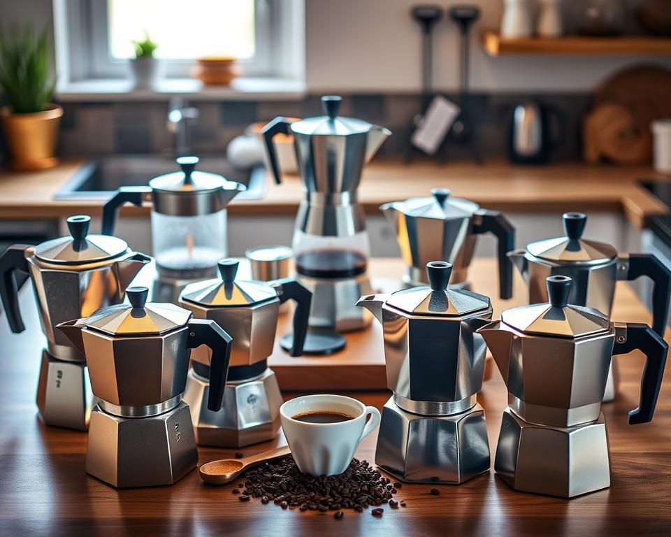 A detailed comparison of various stovetop coffee makers, prominently featuring Moka pots in the foreground, their distinctive octagonal shapes glistening under warm kitchen lighting. Include alternative stovetop options like a Neapolitan flip coffee maker and a classic stovetop espresso maker, arranged artistically around the Moka pots. In the middle ground, display a stylish wooden table with coffee grounds, a measuring spoon, and a steaming cup of coffee, enhancing the coffee brewing atmosphere. The background showcases a cozy kitchen setting with soft natural light filtering through a nearby window, emphasizing a homely vibe. Capture the scene from a slightly elevated angle to provide a comprehensive view of these coffee makers, inviting warmth and curiosity for enthusiasts exploring brewing alternatives.
