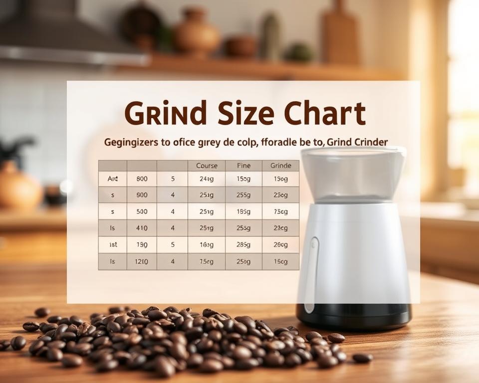 A detailed grind size chart designed for affordable burr grinder options, prominently displayed on a wooden table surface. In the foreground, several coffee beans and a compact, stylish burr grinder are arranged artistically to illustrate the theme. The middle layer features the grind size chart showcasing various grind levels from coarse to fine, with distinct sections clearly demarcated. The background includes blurred elements of a warm, cozy kitchen setting, perhaps with soft sunlight streaming in through a window, creating a welcoming atmosphere. The lighting is bright yet soft, enhancing the colors of the coffee beans and the wood textures. The overall mood is inviting and informative, perfect for a beginner's guide to coffee grinding. No text or watermarks are present in the image.