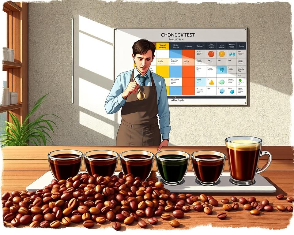 A detailed illustration of the SCA Specialty Coffee Score, featuring a beautifully arranged coffee cupping table in the foreground, with vibrant coffee beans and tasting cups filled with various coffee samples. The middle layer includes a barista in professional attire, attentively evaluating the aroma and flavor profiles of the coffees, using a cupping spoon. In the background, a wall displays an informative chart showing the scoring categories such as acidity, sweetness, and aftertaste, along with colorful graphics. Soft, natural lighting filters in from a nearby window, creating a warm and inviting atmosphere, emphasizing the artisanal nature of specialty coffee. The composition suggests a focus on expertise and passion in coffee tasting, evoking a sense of discovery and appreciation for the craft.