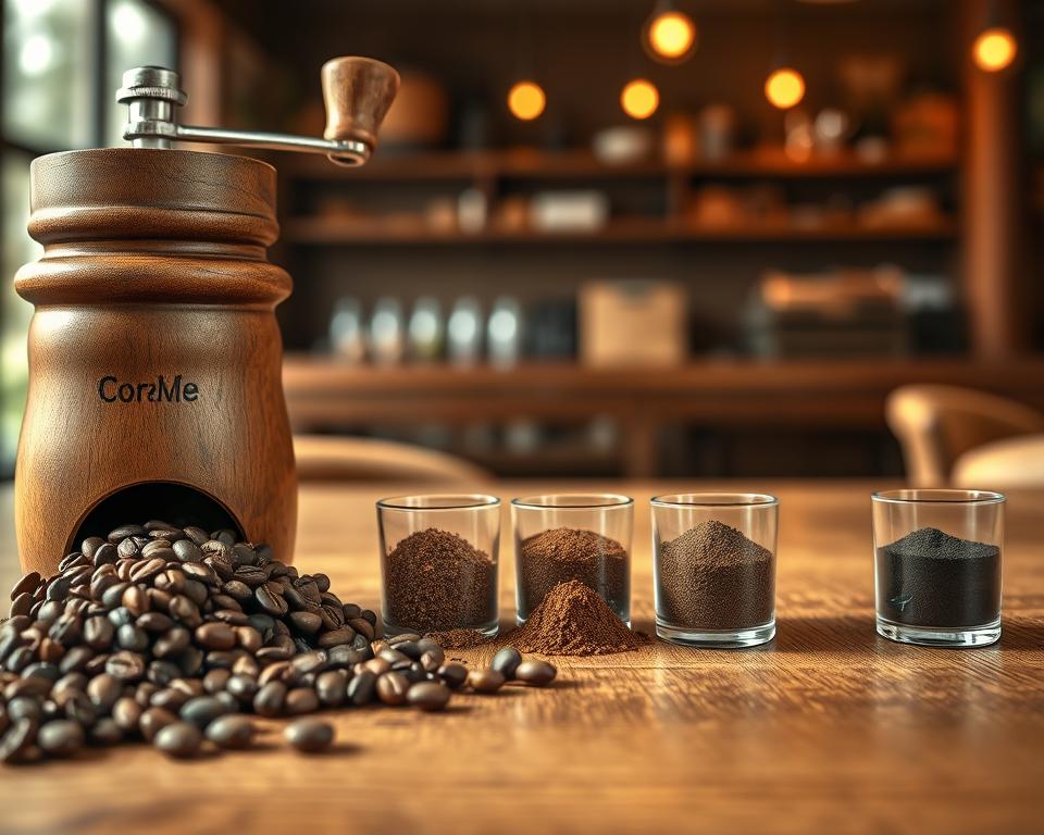 A detailed illustration showcasing various coffee grind sizes arranged from coarse to fine. In the foreground, a wooden coffee grinder is prominently displayed, with whole coffee beans spilling out onto a textured wooden table. In the middle ground, seven distinct piles of ground coffee sit in small, clear, labeled glass containers, each showcasing different grind sizes: coarse, medium-coarse, medium, medium-fine, fine, and espresso. The background features a soft-focus café setting with warm, inviting lighting, highlighting the earthy tones of coffee and wood. The overall mood is cozy and inviting, conveying the rich, aromatic experience of coffee. The image should be well-composed, using a shallow depth of field to emphasize the grind sizes, with natural lighting casting gentle shadows.