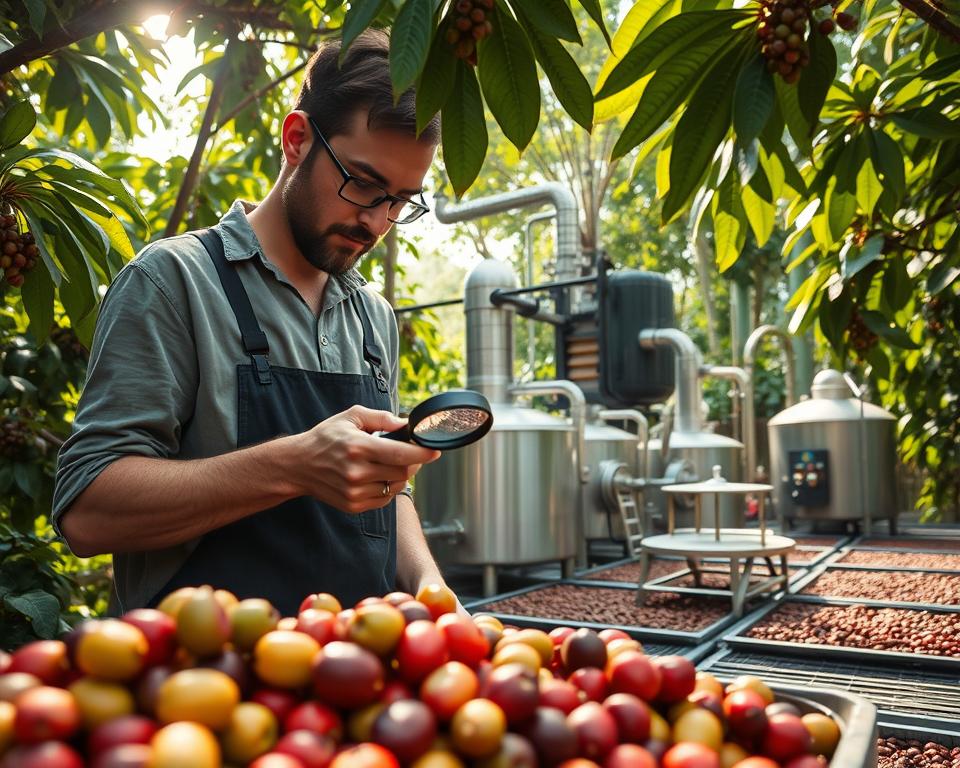 A detailed scene showcasing experimental coffee processing techniques in a lush, tropical setting. In the foreground, a professional barista in modest casual clothing meticulously examines coffee cherries in vibrant shades of red and green, using a magnifying glass to highlight their unique characteristics. The middle ground features an array of innovative processing equipment, including fermentation tanks and drying beds, surrounded by coffee plant foliage. In the background, sunbeams filter through the canopy, creating a warm, inviting atmosphere with rich greens and earthy browns. The composition should be well-lit, emphasizing textures and colors, captured with a shallow depth of field to draw attention to the barista and the processing tools while softly blurring the distant leaves.