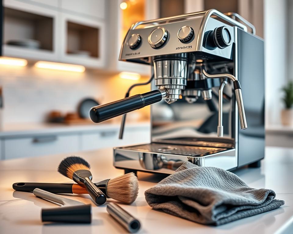 A detailed view of an espresso machine being meticulously maintained on a stylish kitchen countertop. In the foreground, a set of professional cleaning tools, including brushes and cloths, are elegantly arranged next to the espresso machine. The middle layer features a well-lit espresso machine with gleaming metal components, showing the user removing the portafilter. In the background, a clean kitchen environment with modern cabinetry and warm lighting adds to the atmosphere of a cozy, professional setting. Soft, diffused lighting highlights the textures of the machine and cleaning tools, encapsulating the diligent care required for espresso machine maintenance. The composition should evoke a sense of skill, precision, and a passion for coffee.
