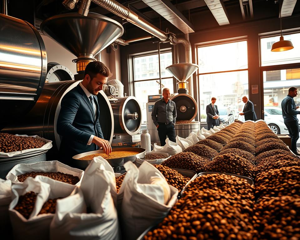 A dynamic interior scene featuring commercial coffee roasters in action. In the foreground, a well-dressed barista operates a large, industrial coffee roaster, surrounded by bags of raw coffee beans. The middle ground showcases rows of shiny metal equipment, with warm, inviting light illuminating the rich browns and golds of freshly roasted coffee. A large window in the background reveals a bustling city street, hinting at the coffee shop's connection to urban life. Soft, diffused natural light streams in, creating an inviting atmosphere filled with the aroma of freshly roasted coffee. The image conveys a sense of craftsmanship and dedication to the coffee-making process, highlighting the contrast between specialty coffee and commercial production methods.