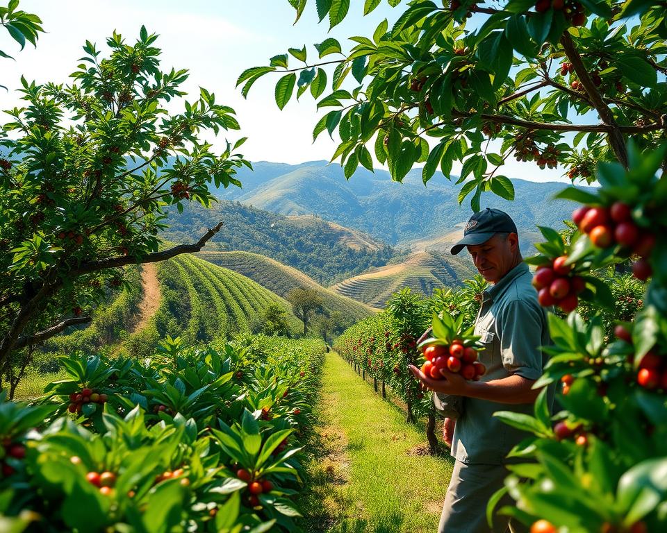 A lush, vibrant coffee farm set in a mountainous region, showcasing rows of coffee plants laden with ripe cherries. In the foreground, a farmer in modest, casual clothing inspects the plants, demonstrating sustainable farming practices such as shade cultivation with tall, leafy trees overhead. The middle ground displays terraced fields that contour the hills, illustrating organic farming techniques, with colorful native flora enhancing biodiversity. In the background, rolling hills stretch into a clear blue sky, with soft sunlight filtering through the leaves, creating a warm and inviting atmosphere. Shot with a shallow depth of field to focus on the farmer and coffee plants, evoking a sense of harmony between agriculture and nature. A lush, vibrant coffee farm set in a mountainous region, showcasing rows of coffee plants laden with ripe cherries. In the foreground, a farmer in modest, casual clothing inspects the plants, demonstrating sustainable farming practices such as shade cultivation with tall, leafy trees overhead. The middle ground displays terraced fields that contour the hills, illustrating organic farming techniques, with colorful native flora enhancing biodiversity. In the background, rolling hills stretch into a clear blue sky, with soft sunlight filtering through the leaves, creating a warm and inviting atmosphere. Shot with a shallow depth of field to focus on the farmer and coffee plants, evoking a sense of harmony between agriculture and nature.