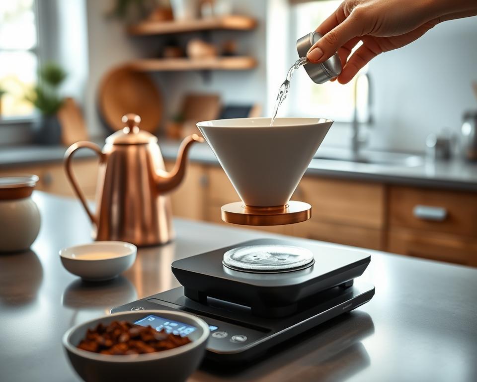 A modern digital coffee scale setup on a sleek kitchen countertop, showcasing a high-precision scale with a clear digital display, measuring coffee grounds in a stylish ceramic pour-over dripper. The foreground features freshly ground coffee in a small bowl, while a copper kettle, gently steaming, is positioned to one side. In the middle ground, a hand is seen precisely pouring hot water from the kettle into the dripper, emphasizing the brewing process. The background is softly blurred, revealing inviting kitchen decor with light coming through a window, creating a warm and cozy atmosphere. The image is captured with a shallow depth of field to emphasize the scale and brewing setup, with natural lighting highlighting textures. A modern digital coffee scale setup on a sleek kitchen countertop, showcasing a high-precision scale with a clear digital display, measuring coffee grounds in a stylish ceramic pour-over dripper. The foreground features freshly ground coffee in a small bowl, while a copper kettle, gently steaming, is positioned to one side. In the middle ground, a hand is seen precisely pouring hot water from the kettle into the dripper, emphasizing the brewing process. The background is softly blurred, revealing inviting kitchen decor with light coming through a window, creating a warm and cozy atmosphere. The image is captured with a shallow depth of field to emphasize the scale and brewing setup, with natural lighting highlighting textures.