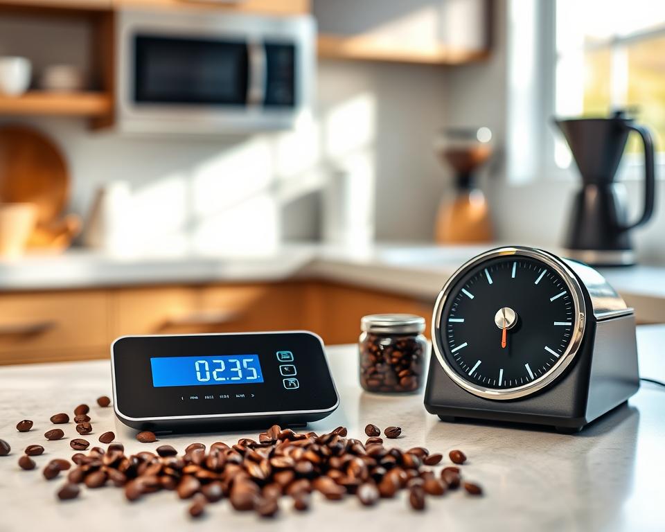 A modern kitchen countertop featuring a side-by-side comparison of a sleek digital coffee scale and a classic analog scale. In the foreground, the digital scale displays an illuminated readout with precise measurements, while the analog scale shows a traditional dial with clear markings. The middle ground reveals coffee beans scattered artistically around the scales, emphasizing the coffee theme. In the background, softly blurred kitchen appliances and a window allowing natural light to filter in create a warm atmosphere. Use a shallow depth of field to focus on the scales, capturing the details in high resolution. The lighting should be soft and inviting, suggesting a cozy coffee brewing experience, with a hint of morning sunlight illuminating the scene. A modern kitchen countertop featuring a side-by-side comparison of a sleek digital coffee scale and a classic analog scale. In the foreground, the digital scale displays an illuminated readout with precise measurements, while the analog scale shows a traditional dial with clear markings. The middle ground reveals coffee beans scattered artistically around the scales, emphasizing the coffee theme. In the background, softly blurred kitchen appliances and a window allowing natural light to filter in create a warm atmosphere. Use a shallow depth of field to focus on the scales, capturing the details in high resolution. The lighting should be soft and inviting, suggesting a cozy coffee brewing experience, with a hint of morning sunlight illuminating the scene.