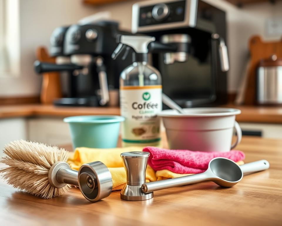 A neatly arranged collection of coffee equipment cleaning tools on a wooden kitchen countertop. In the foreground, display a coffee brush with soft bristles, a stainless steel tamper, and a set of microfiber cloths in vibrant colors. In the middle ground, show a bottle of eco-friendly coffee machine cleaner, a small bucket, and a detailed cleaning scoop. The background features a blurred coffee maker and espresso machine, giving context to the cleaning tools. Use natural diffused lighting to create a warm, inviting atmosphere, emphasizing the cleanliness and organization of the scene. The angle should be slightly elevated, capturing details and textures, while maintaining a focused look on the tools to convey a sense of readiness for cleaning. A neatly arranged collection of coffee equipment cleaning tools on a wooden kitchen countertop. In the foreground, display a coffee brush with soft bristles, a stainless steel tamper, and a set of microfiber cloths in vibrant colors. In the middle ground, show a bottle of eco-friendly coffee machine cleaner, a small bucket, and a detailed cleaning scoop. The background features a blurred coffee maker and espresso machine, giving context to the cleaning tools. Use natural diffused lighting to create a warm, inviting atmosphere, emphasizing the cleanliness and organization of the scene. The angle should be slightly elevated, capturing details and textures, while maintaining a focused look on the tools to convey a sense of readiness for cleaning.