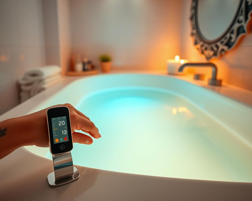 A serene bathroom setting showcasing a modern bathtub filled with water at the ideal temperature, illustrated through a gradient color scale ranging from cool blue to warm orange. In the foreground, a stylish digital thermometer with a clear display reads the temperature, while a pair of elegantly shaped hands gently test the water. In the middle ground, soft, ambient lighting creates an inviting atmosphere with warm tones, reflected in the water's surface. The background features elegant tiles and minimalistic decor that enhance the tranquil mood. An ornate, reflective mirror captures the warm light, further emphasizing the soothing environment. Aim for a calming and peaceful ambiance, evoking a sense of relaxation and comfort in the home.
