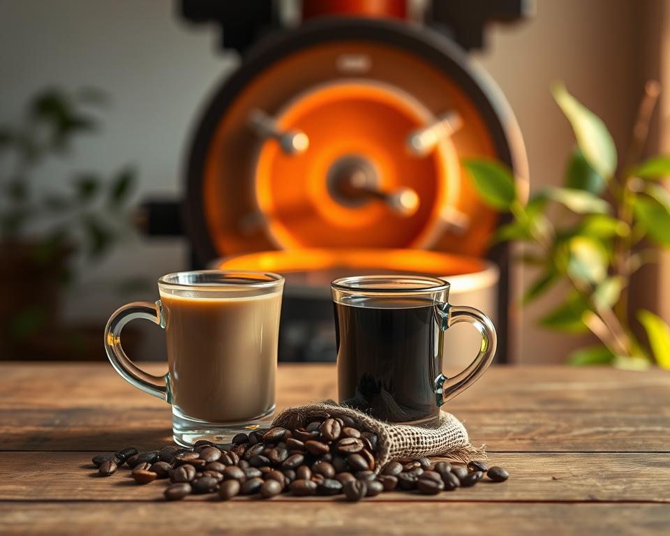 A serene coffee roasting scene focusing on the health benefits of light versus dark roast profiles. In the foreground, display an elegant wooden table with two beautifully brewed cups of coffee: one light, with delicate floral notes, and the other dark, rich, and bold. In the middle ground, incorporate a small burlap sack of roasted coffee beans demonstrating the contrast in color and size between light and dark roasts. The background should showcase a softly lit roasting machine, casting a warm amber glow, with subtle green coffee plant leaves peeking in from the sides, symbolizing freshness and vitality. The overall atmosphere should be tranquil and inviting, emphasizing the health benefits associated with each roast type through soothing, natural lighting.
