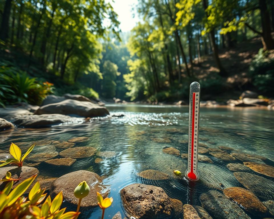 A serene water landscape showcasing the factors affecting water temperature. In the foreground, vibrant aquatic plants and rocks illustrate thermal gradients. In the middle, a clear, gently flowing stream reflects sunlight, with thermometers partially submerged to represent temperature measurement. A lush forest overlays the background, with sunlight filtering through leaves, highlighting temperature regulation. Include mild ripples on the water, indicating wind influence. The atmosphere should evoke tranquility and natural balance, captured with soft, warm lighting to enhance the scene. Use a wide-angle lens to encompass the environment while focusing on the water elements, creating an inviting and informative visual.