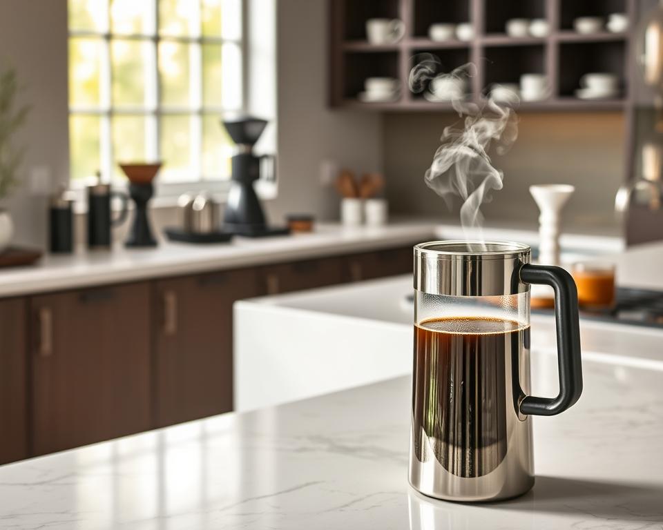 A sleek commercial coffee server in the foreground, polished stainless steel with a comfortable grip handle, showcasing its size and design features. The server is partially filled with rich, aromatic coffee, steam gently rising from the spout. In the middle ground, a minimalist kitchen setup with marble countertops and an elegant coffee station, with various coffee beans and mugs artfully arranged. The background features soft natural lighting coming through a large window, illuminating the scene and creating a warm, inviting atmosphere. The focus should be sharp on the coffee server, with a slight bokeh effect in the background to emphasize the importance of selecting the right size coffee server. The mood is cozy and professional, appealing to coffee enthusiasts and professionals alike. A sleek commercial coffee server in the foreground, polished stainless steel with a comfortable grip handle, showcasing its size and design features. The server is partially filled with rich, aromatic coffee, steam gently rising from the spout. In the middle ground, a minimalist kitchen setup with marble countertops and an elegant coffee station, with various coffee beans and mugs artfully arranged. The background features soft natural lighting coming through a large window, illuminating the scene and creating a warm, inviting atmosphere. The focus should be sharp on the coffee server, with a slight bokeh effect in the background to emphasize the importance of selecting the right size coffee server. The mood is cozy and professional, appealing to coffee enthusiasts and professionals alike.