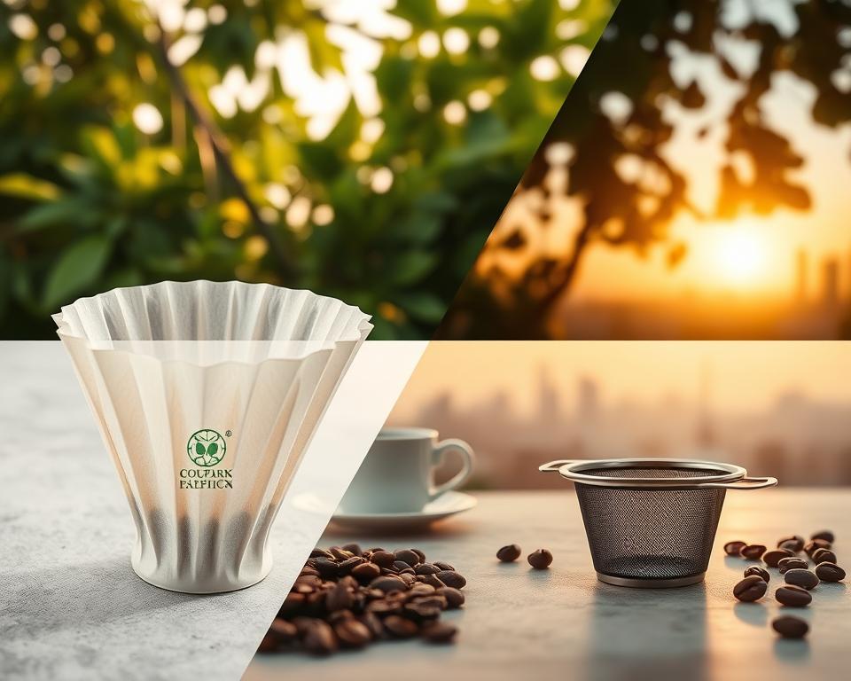 A split composition featuring a paper coffee filter and a metal coffee filter, each representing their environmental impact. In the foreground, the paper filter is made of natural fibers, set against a backdrop of lush green foliage, symbolizing biodegradability and sustainability. In contrast, the metal filter is placed on a textured surface resembling a kitchen counter, highlighting its reusability and durability. The middle ground shows a serene coffee setup, with steaming cups and beans, representing daily coffee rituals. The background features a serene city skyline at sunset, casting warm golden light, creating a hopeful and reflective atmosphere. Use a soft focus lens effect to evoke warmth and connection while maintaining clarity of the filters. The image conveys a thoughtful juxtaposition of eco-friendly values and practicality.