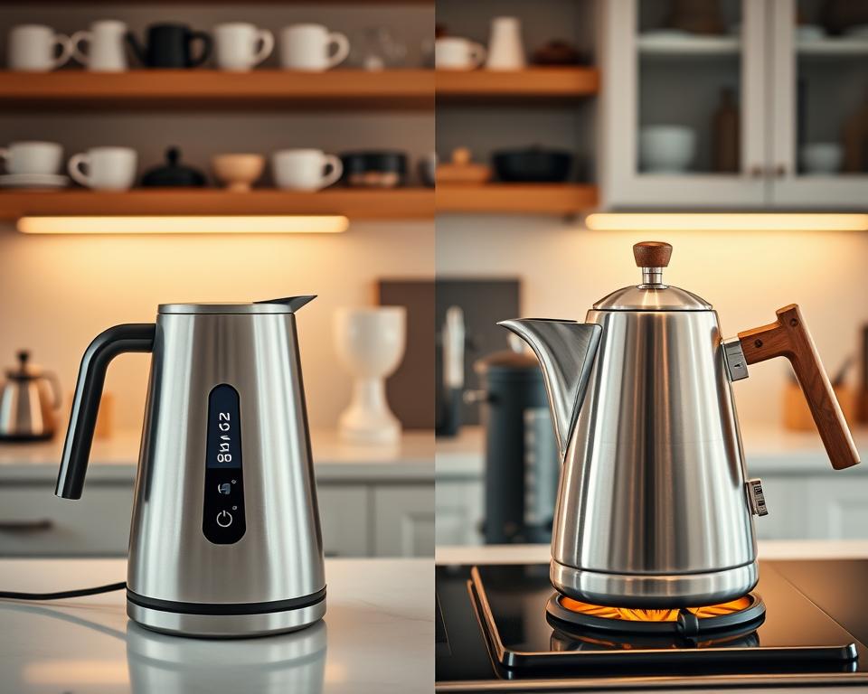 A split composition showcasing both an electric and a stovetop gooseneck kettle on a stylish kitchen counter. In the foreground, a sleek, modern electric gooseneck kettle with a digital temperature control on one side. On the other side, a classic stainless steel stovetop kettle with a wooden handle, glowing softly from the warmth of a gas burner. In the middle ground, a clean and organized countertop with coffee-making essentials, such as a French press and freshly ground coffee beans. The background features softly blurred kitchen shelves filled with coffee mugs and various brewing tools, illuminated by warm, natural light streaming in from a nearby window. The overall mood is inviting and cozy, emphasizing the utility and aesthetics of both kettle types.