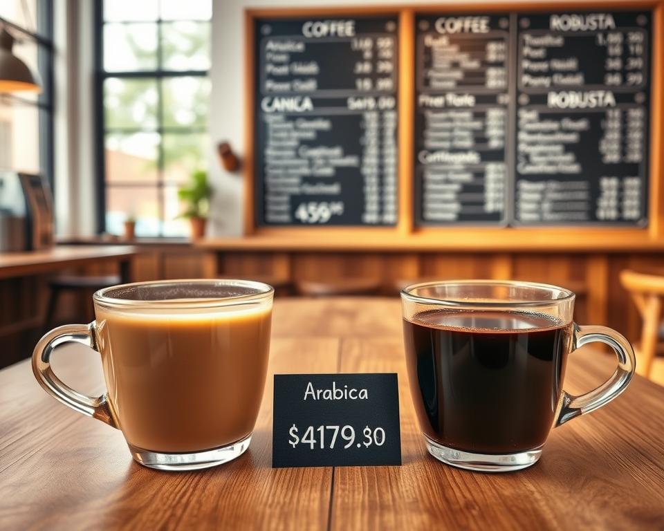 A split image showcasing the price comparison between Arabica and Robusta coffee. In the foreground, a neat coffee shop setting with two cups of coffee: one filled with light brown Arabica brew and the other with dark brown Robusta. In the middle ground, a wooden table displays price tags for each coffee variety, illustrating their respective costs. The background features a chalkboard menu listing other coffee options and prices, creating a warm, inviting atmosphere. Soft, natural light filters through large windows, accentuating the wood textures and highlighting the coffee cups. Capture the lively yet cozy mood of a bustling café where coffee enthusiasts discuss and compare flavors and costs.