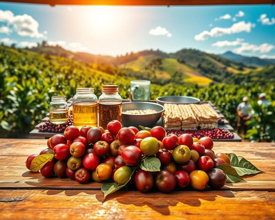 A vibrant coffee processing scene depicting various methods impacting flavor profiles. In the foreground, freshly picked coffee cherries on a wooden table showcase their colors, with sunlight illuminating the rich reds and greens. The middle layer features a split view of different processing techniques: an experimental fermentation setup with glass jars, a traditional wet processing area with large basins, and parchment drying under the sun. In the background, rolling hills covered in coffee plants and a bright blue sky evoke a tranquil yet dynamic atmosphere. The lighting is warm and inviting, accentuating the textures of the cherries and the rustic materials. The mood is educational and engaging, encouraging coffee enthusiasts to explore the diverse effects of processing on quality.
