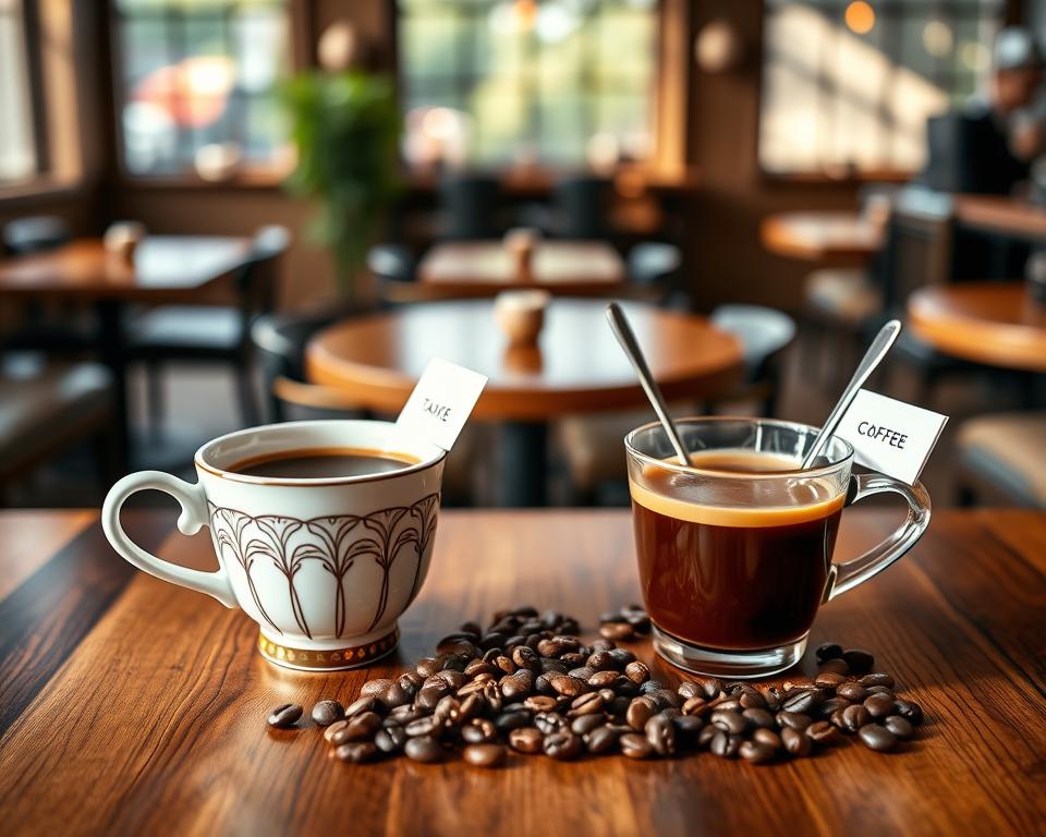 A visually appealing coffee taste test comparison setup. In the foreground, two elegant coffee cups with distinct designs, one filled with a rich, dark specialty coffee and the other with a lighter, commercial brand coffee. Each cup is accompanied by small tasting spoons and colorful coffee tasting notes. The middle ground showcases a beautiful hand-crafted wooden table with polished surface, displaying a selection of coffee beans next to each cup, highlighting their unique textures and colors. In the background, a cozy café atmosphere with soft, warm lighting filtering through large windows, casting gentle shadows. The mood is inviting and sophisticated, ideal for a coffee enthusiast’s exploration. The scene is captured with a shallow depth of field for a professional touch.