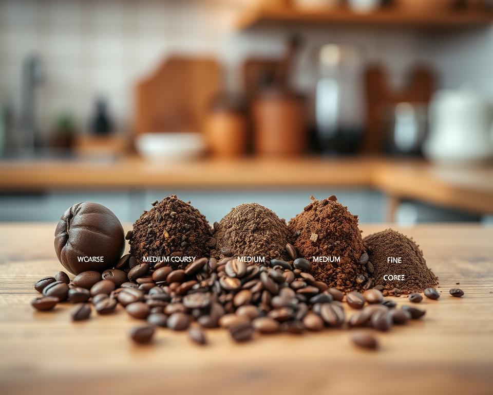 A visually captivating comparison of coffee grind sizes, showcasing five distinct levels: whole bean, coarse, medium-coarse, medium, and fine, arranged on a wooden surface. In the foreground, the whole beans glisten with natural oils, while the grinds vary in texture, color, and size, neatly arranged in small piles labeled subtly with a fine line. The middle layer features a light scattering of whole beans and grinds, creating a dynamic visual interaction. In the background, a softly blurred kitchen setting with warm, ambient lighting emanates a cozy, inviting atmosphere. The image uses a shallow depth of field to keep the focus on the different grind sizes, enhancing the overall sense of detail and clarity, evoking a sense of appreciation for the coffee-making process.
