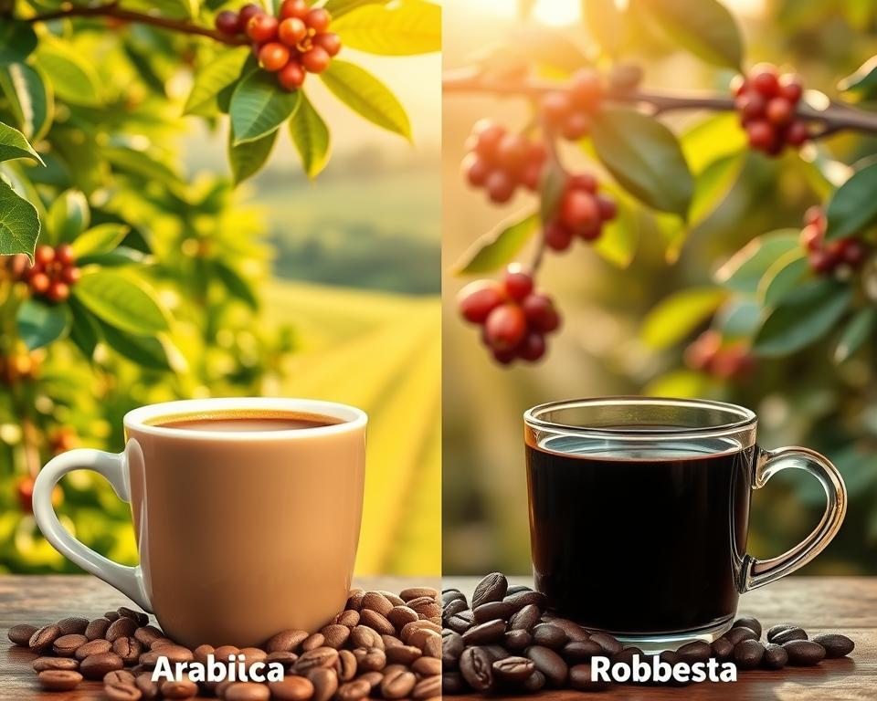 A visually engaging split-image comparing the health benefits of Arabica and Robusta coffee. In the foreground, two coffee cups are placed side by side: one with Arabica beans, showcasing its smooth, light brown color, and the other with Robusta beans, displaying a darker, bolder brew. In the middle ground, vibrant coffee plants with lush green leaves and ripe coffee cherries illustrate the source of each type, emphasized by a soft focus. The background features a serene coffee farm landscape, bathed in warm, golden sunlight, creating a tranquil atmosphere. Use a shallow depth of field to draw attention to the cups and plants while incorporating natural, earthy tones throughout for a pleasing and professional look.