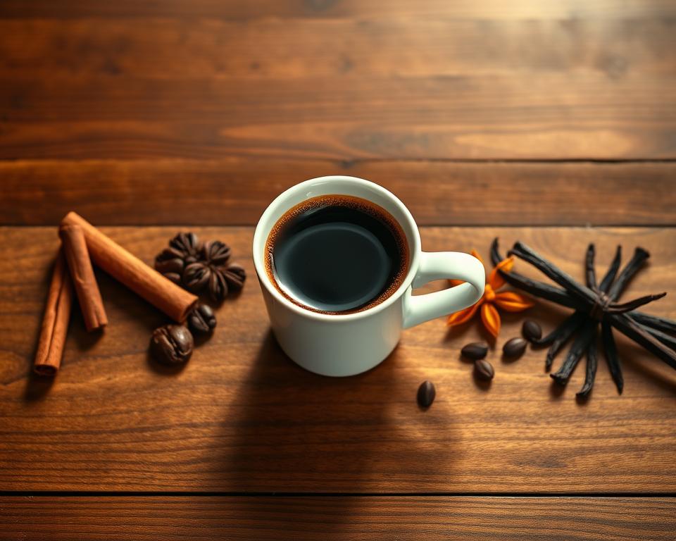 A visually rich and informative representation of espresso flavor profiles, featuring an elegant wooden table as the foreground. In the center, a stylized espresso cup with a glossy finish, showcasing the rich, dark crema atop the coffee. Surrounding the cup are a variety of aromatic elements like cinnamon sticks, cocoa nibs, and vanilla beans, symbolizing the different taste notes. In the middle ground, a subtle gradient backdrop transitioning from deep browns to warm golds, evoking the warmth and sophistication of a coffee shop atmosphere. Soft, diffused natural lighting highlights the textures and colors, enhancing the inviting mood. The composition offers an aerial view angle, drawing the viewer into the world of espresso tasting.